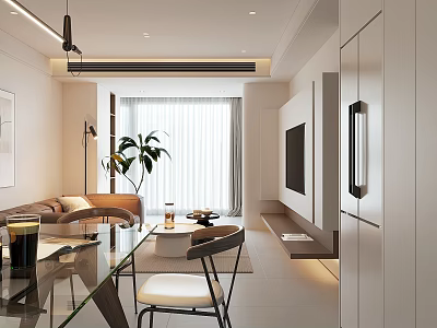 Modern Living Dining Area Interior Design With Sofa Coffee Table Dining Chairs TV And Plant 3d model