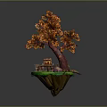 Tree with orange leaves on green island with beehive bench and rock