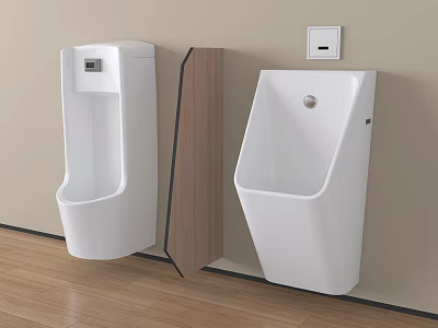 White Wall Mounted Urinals With Wooden Divider On Light Wall And Wooden Floor 3d model