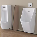 White Wall Mounted Urinals With Wooden Divider On Light Wall And Wooden Floor