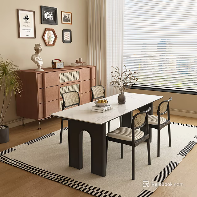 Stylish Restaurant Interior With White Dining Table Chairs Brown Cabinet Statue Frames Window Blinds And Plant 3d model 