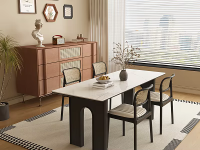 Stylish Restaurant Interior With White Dining Table Chairs Brown Cabinet Statue Frames Window Blinds And Plant 3d model