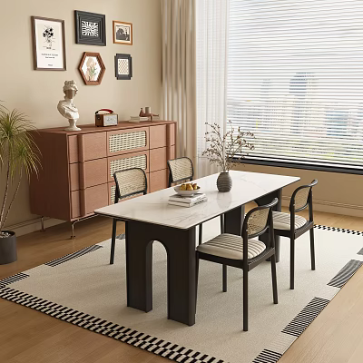 Stylish Restaurant Interior With White Dining Table Chairs Brown Cabinet Statue Frames Window Blinds And Plant 3d model