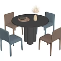 Modern Round Black Dining Table Set With Two Brown Two Blue Chairs Vase Reed Tray 3d model