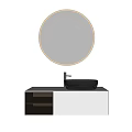 Modern Bathroom Vanity With Circular Illuminated Mirror Black Washbasin And White Cabinet