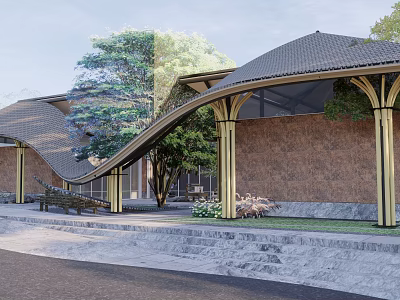Curved Roof Building Exterior Featuring Golden Columns Brown Walls Trees Bench And Lawn 3d model