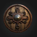 Antique Wooden Shield With Intricate Carved Patterns Metal Dome Center And Riveted Edges