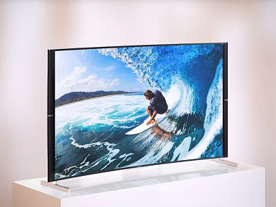 Slim Design Television with 4K Ultra HD Display Showing Dynamic Surfing Image on White Stand 3d model