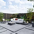 Modern Outdoor Garden Lounge Area With Sofa Chair Coffee Table Green Plants And Trees