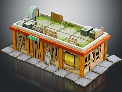 Cartoon Scene of Old Wooden Shop with Sale Sign Green Roof and Stone Path 3d model