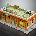 Cartoon Scene of Old Wooden Shop with Sale Sign Green Roof and Stone Path