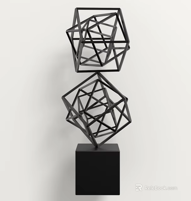 Modern Geometric Black Ornament Sculpture Set With Abstract Stand Base 3d model 