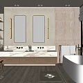 Modern Bathroom Interior With Double Vanity Wooden Cabinets Marble Countertop Mirrors Bathtub And Natural Light