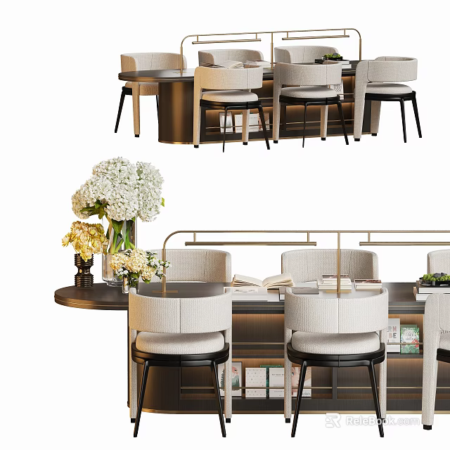 Elegant Modern Table And Chairs Set With Upholstered Seats Flower Vase And Books 3d model 