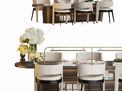 Elegant Modern Table And Chairs Set With Upholstered Seats Flower Vase And Books 3d model