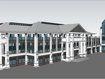 Multi Story Commercial Building Facade With White Exterior Brown Window Frames Columns And Gray Roof 3d model