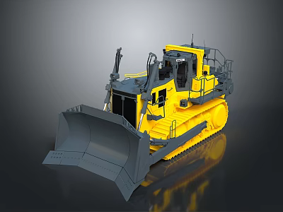 Yellow Bulldozer With Large Front Blade And Heavy Duty Tracks On Gray Surface 3d model