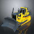 Yellow Bulldozer With Large Front Blade And Heavy Duty Tracks On Gray Surface