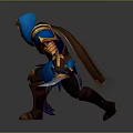 Hooded Game Movie Character In Blue And Gold Armor With Dual Swords Battle Stance