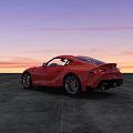 Sleek Red Sports Car Parked On Concrete Ground During Sunset Sky