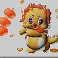 Cheerful Yellow Cartoon Dragon Holding Hanging Lanterns with Gold Coins and Red Envelopes