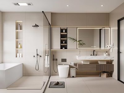 Modern Bathroom Interior Design With Freestanding Bathtub Glass Shower Vanity Mirror And Wall Cabinets 3d model