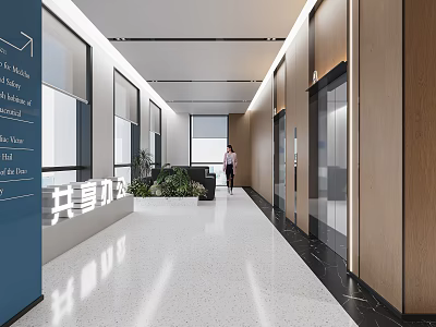 Modern Shared Office Space Corridor with Elevators Green Plants and Reception Waiting Area 3d model