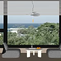 Casual Checkered Sofa Set With Small Round Table By Window Ocean View Green Trees Blinds