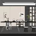 Modern Tea Room Interior With Black Tea Table Stools Decorative Painting And Green Plants