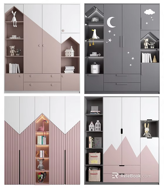 Cute Kids Bookcase Interior Design With Pink Gray White Colors Star Patterns And House Models 3d model 