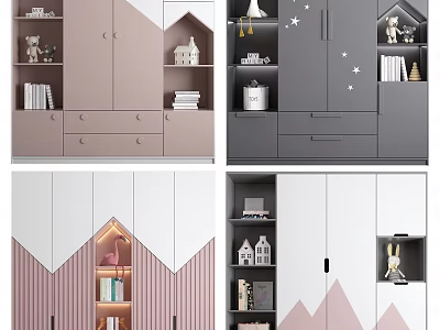 Cute Kids Bookcase Interior Design With Pink Gray White Colors Star Patterns And House Models 3d model