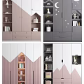 Cute Kids Bookcase Interior Design With Pink Gray White Colors Star Patterns And House Models