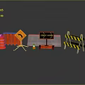 Road Construction Safety Equipment Including Red Barrel Yellow Warning Sign Traffic Cone And Striped Barriers