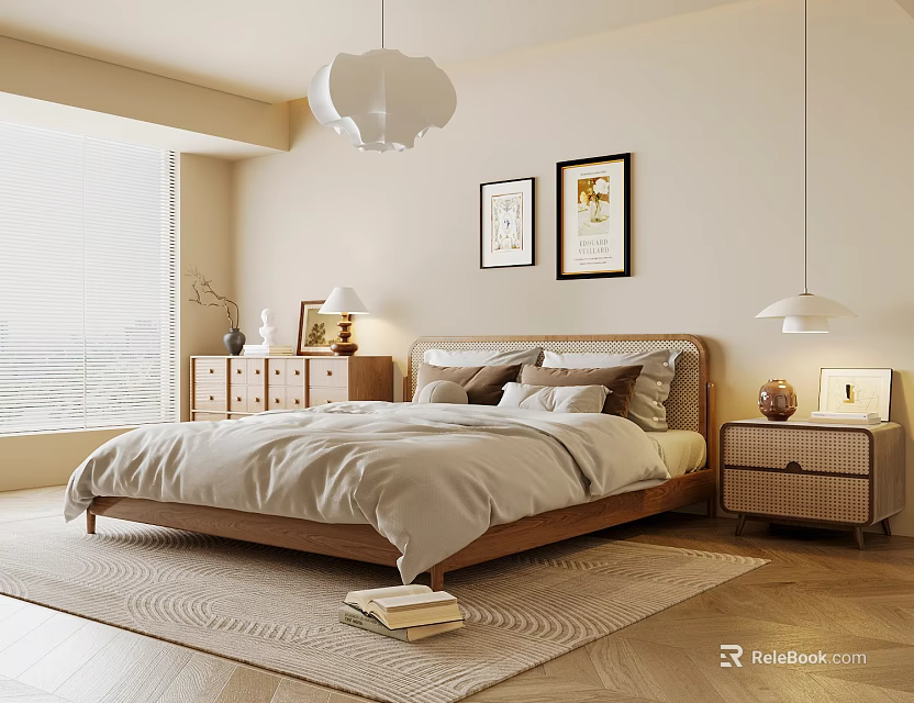 Warm Modern Bedroom Interior With Wooden Bed Bedside Tables Pendant Lights Artworks And Soft Rug 3d model 