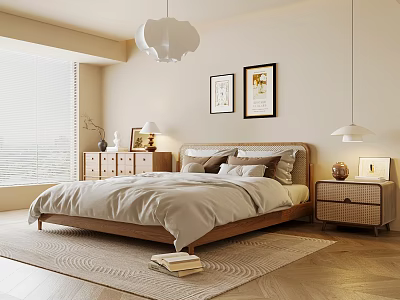Warm Modern Bedroom Interior With Wooden Bed Bedside Tables Pendant Lights Artworks And Soft Rug 3d model