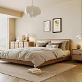 Warm Modern Bedroom Interior With Wooden Bed Bedside Tables Pendant Lights Artworks And Soft Rug