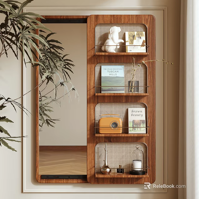 Mirror Reflecting Room With Multi layered Wooden Shelf Books Decorations And Green Plants 3d model 