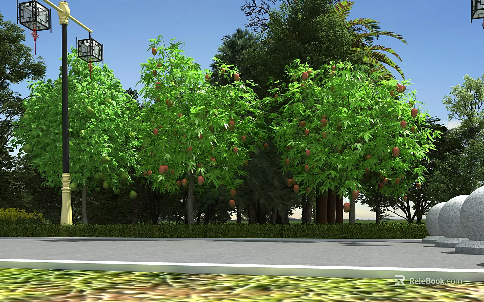 Garden Landscape Design Featuring Lush Green Trees Traditional Lamp Posts And Paved Walkway 3d model 