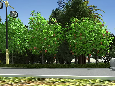 Garden Landscape Design Featuring Lush Green Trees Traditional Lamp Posts And Paved Walkway 3d model