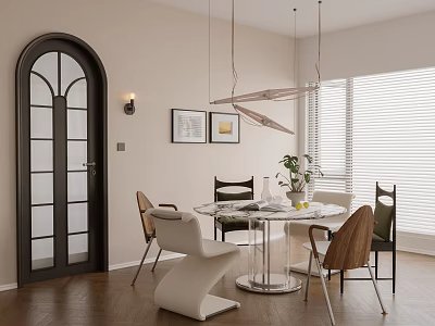 Modern Luxury Dining Room Interior With Round Table Pendant Lights And Arched Door 3d model