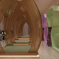 Modern SPA Sauna With Multiple Colorful Hexagonal Compartments Metal Mesh Screens Green Plants Marble Flooring