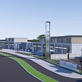 Modern Commercial Street With Modern Buildings Paved Road Sidewalks Greenery And Storefronts