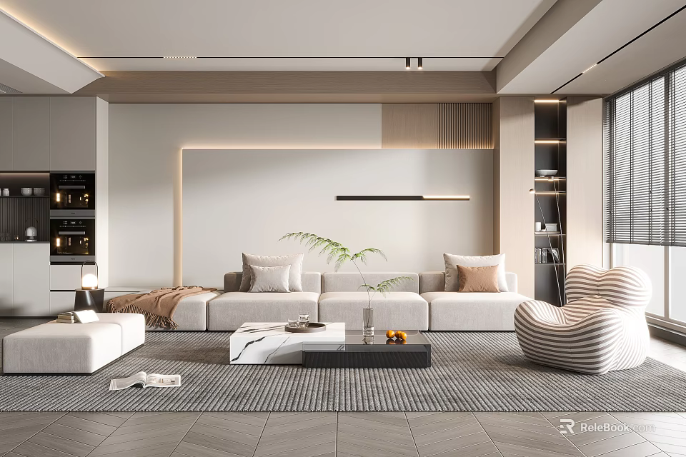 Modern Living Room With White Sofa Pillows Coffee Table Rug Striped Armchair and Green Plant 3d model 