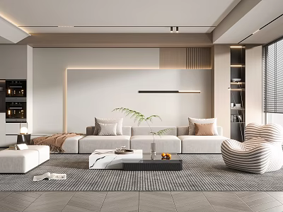 Modern Living Room With White Sofa Pillows Coffee Table Rug Striped Armchair and Green Plant 3d model