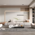 Modern Living Room With White Sofa Pillows Coffee Table Rug Striped Armchair and Green Plant