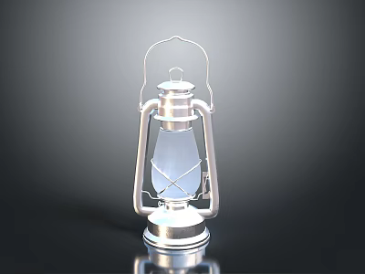 Vintage Silver Kerosene Lamp With Glass Shade And Reflective Base Against Dark Background 3d model