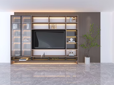 Modern TV Wall Unit with Glass Door Cabinets Layered Shelves Built-in Lighting and Potted Plant 3d model