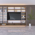Modern TV Wall Unit with Glass Door Cabinets Layered Shelves Built-in Lighting and Potted Plant