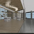 Modern Hotel Lobby Interior With Reception Desk Bookshelves Comfortable Chairs And Decorative Chandeliers