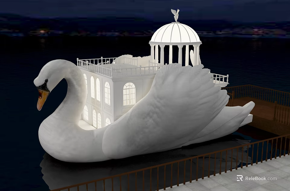 Swan Shaped Illuminated Structure With Dome Pavilion On Night Water Surface 3d model 